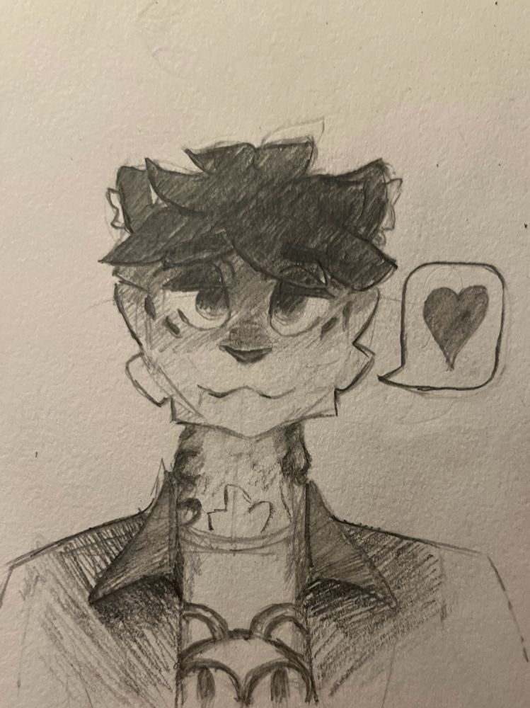 A black and white pencil bust sketch of an anthropomorphic snow leopard