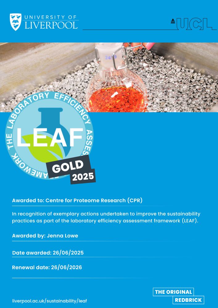 Certificate for a LEAF gold award for the centre for proteome research 