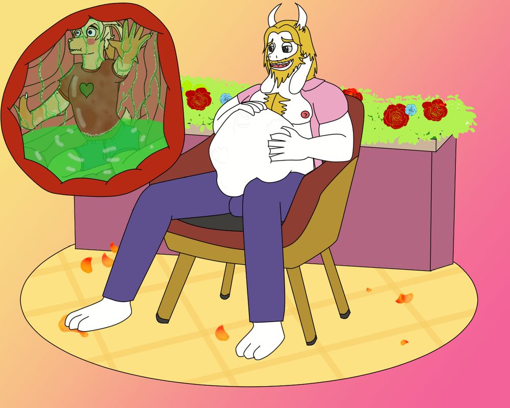 Asgore sitting in a chair in his flowe shop, rubbing his full wiggling belly. An internal shot shows Triaqi the hare to be the prey, sitting in the belly in shocked embarassment