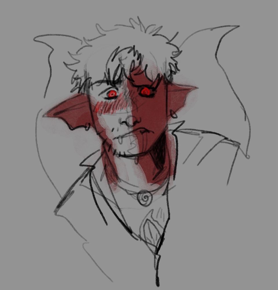 Sketch of blushing half-dragon, half-elf Arisen au Damian (and Thorn)