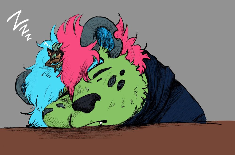 Bright green Hyena fursona taking a nap on a desk with his small fairy canid bf sleeping in his hair. <3
