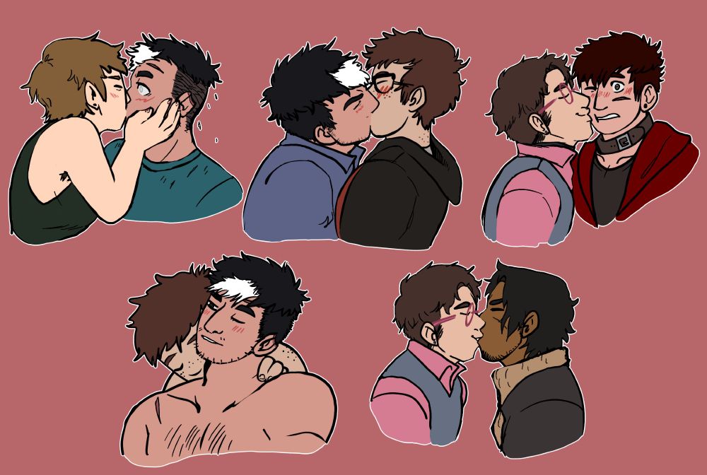 Different drawings of characters kissing. 

Riley and Damian kissing on the lips. Damian is surprised or embarrassed.

Damian and Paisley kissing on the lips. Damian looks determined.

Finley giving Peter a kiss on the cheek. Peter is surprised.
 
Paisley kissing Damian on the shoulder. Damian looks happy.
 
Finley and Jay kissing on the lips. They're happy.