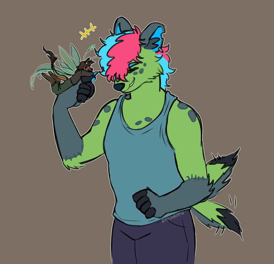 Colorful green hyena (Stitch) letting his fae canid partner (Jarvis) sit on his hand. They're laughing together.