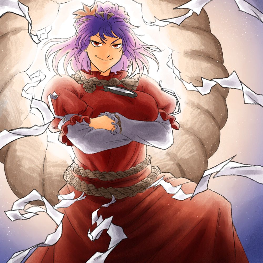 Kanako posing with crossed arms while a bright light shines behind her.