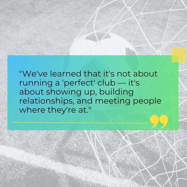 An image of a quote on a green and blue text box. There are yellow speech marks. There is a faded black and white image of football in a football net in the background. 