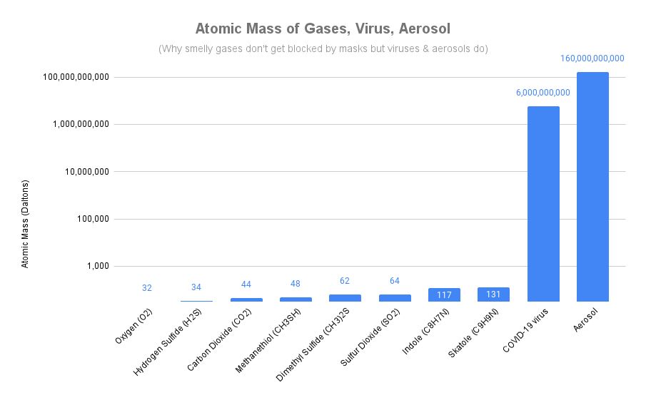 Graph using logarithmic scale showing difference in atomic mass (Daltons) of various gases like oxygen, carbon dioxide and some you can smell ranging from 32 to 131 Daltons while the COVID-19 virus is millions of times more at 602 million Daltons and the aerosol it travels in is billions of times more at 160 billion Daltons.