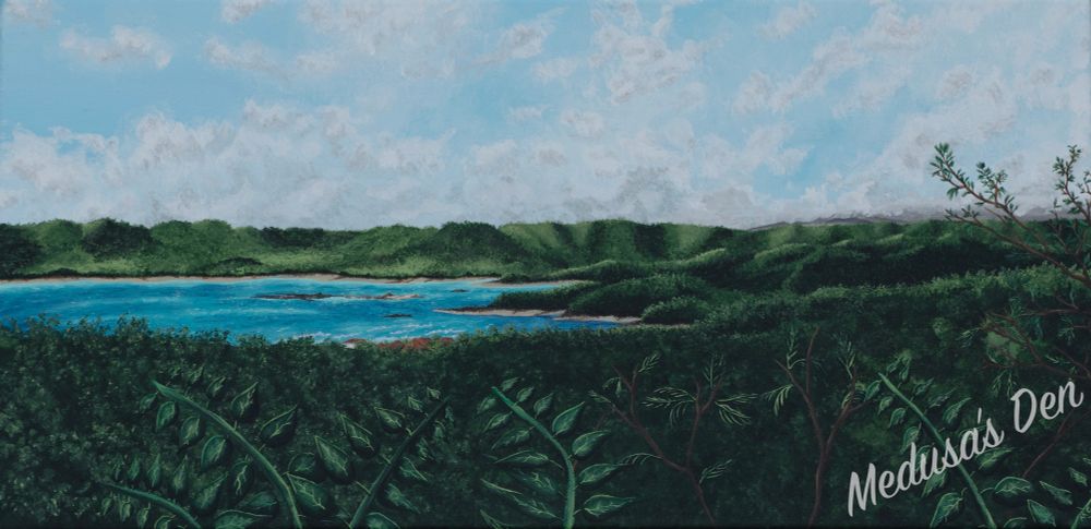 Landscape painting of a high viewpoint on a Costa Rican bay with a small village, mountains, and ocean waves. 