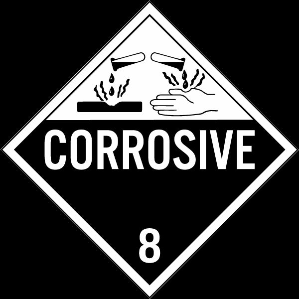A diamond shaped piece of cardboard labeled "corrosive" with an icon of chemicals burning through a pipe and someone's hand