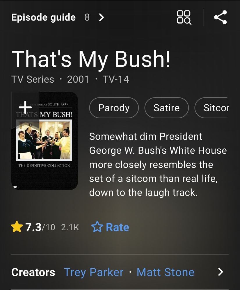 Screenshot of the IMDB page for That's My Bush, described as "Somewhat dim President George W. Bush's White House more closely resembles the set of a sitcom than real life, down to the laugh track."