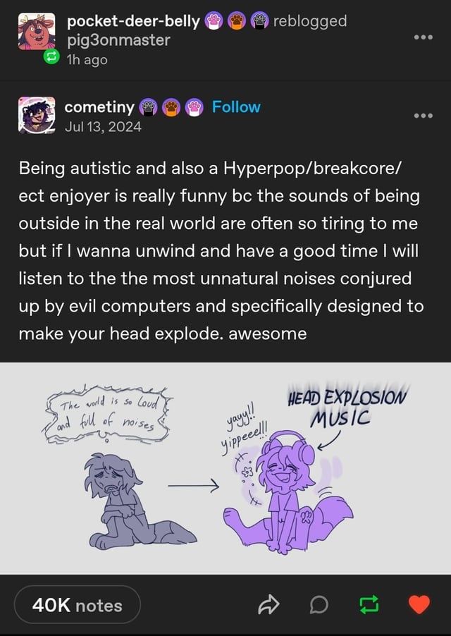 Tumblr post that reads "Being autistic and also a hyper pop / breakcore / et cetera enjoyer is really funny because the sounds of being outside in the real world are often so tiring to me but if I wanna unwind and have a good time I will listen to the most unnatural noises conjured up by evil computers and specifically designed to make your head explode. Awesome." Then there's a cartoon of a sad person who is overwhelmed with noise but looks happy when wearing headphones with the words "head explosion music" attached.