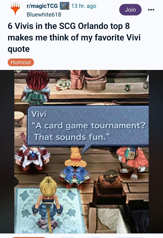 A screen shot of the Magic the Gathering subreddit, with a scene from Final Fantasy 9, where Vivi says 