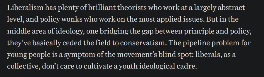 Liberalism has plenty of brilliant theorists who work at a largely abstract level, and policy wonks who work on the most applied issues. But in the middle area of ideology, one bridging the gap between principle and policy, they’ve basically ceded the field to conservatism. The pipeline problem for young people is a symptom of the movement’s blind spot: liberals, as a collective, don’t care to cultivate a youth ideological cadre.