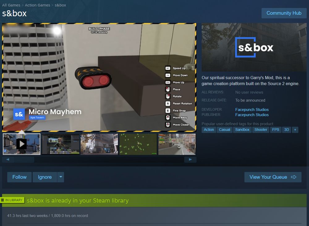 screenshot of s&box steam store page with micro mayhem shown in the trailer