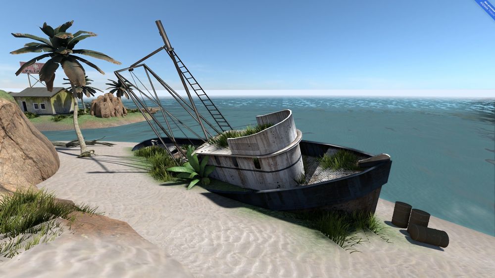 tropical island view of water and beached sea vessel