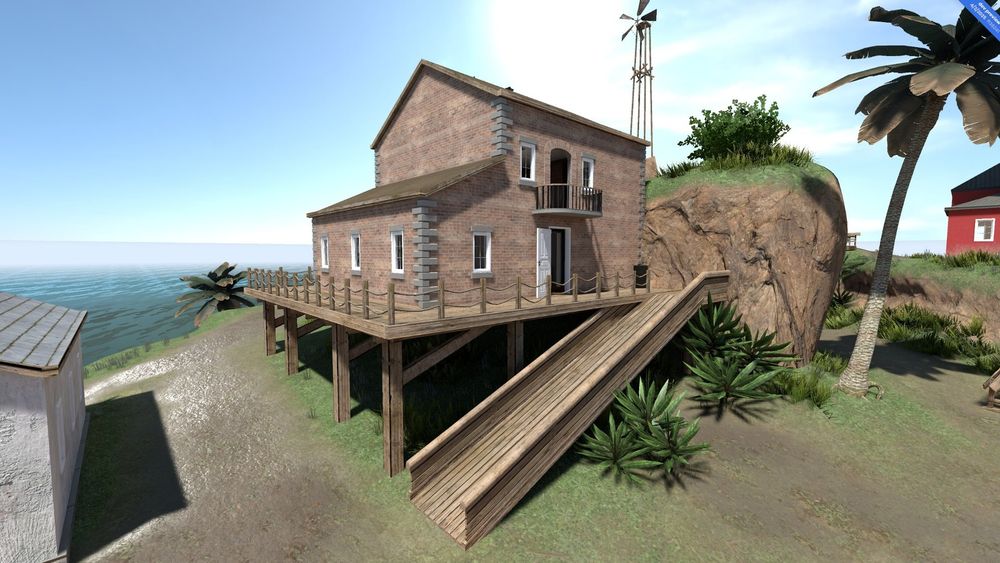 tropical island view of brick house with wooden ramp