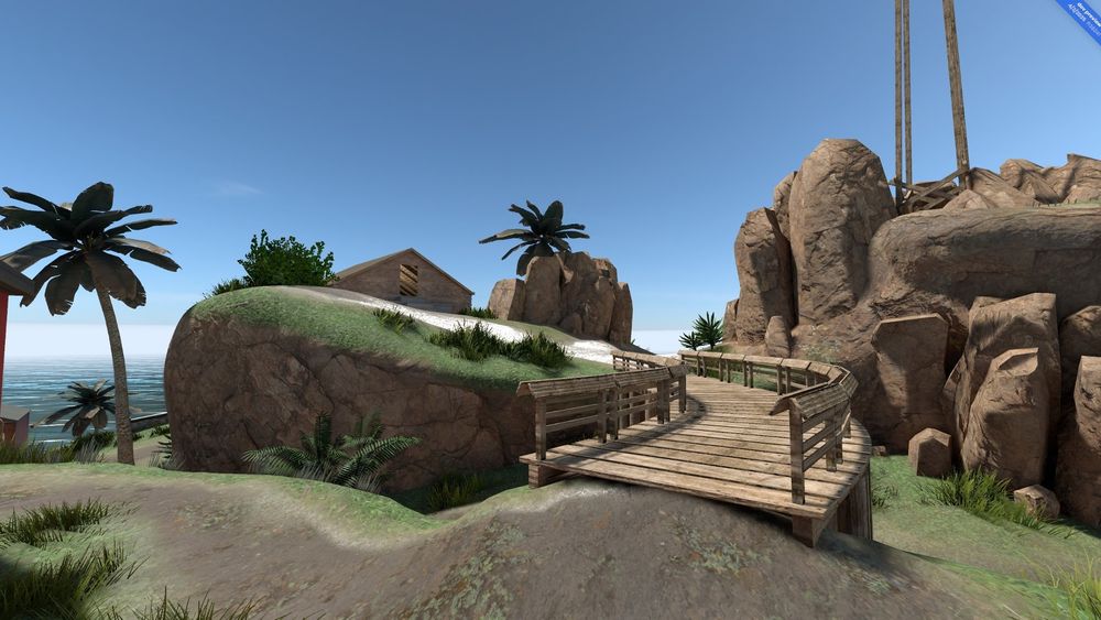 tropical island view of bridge and rocks