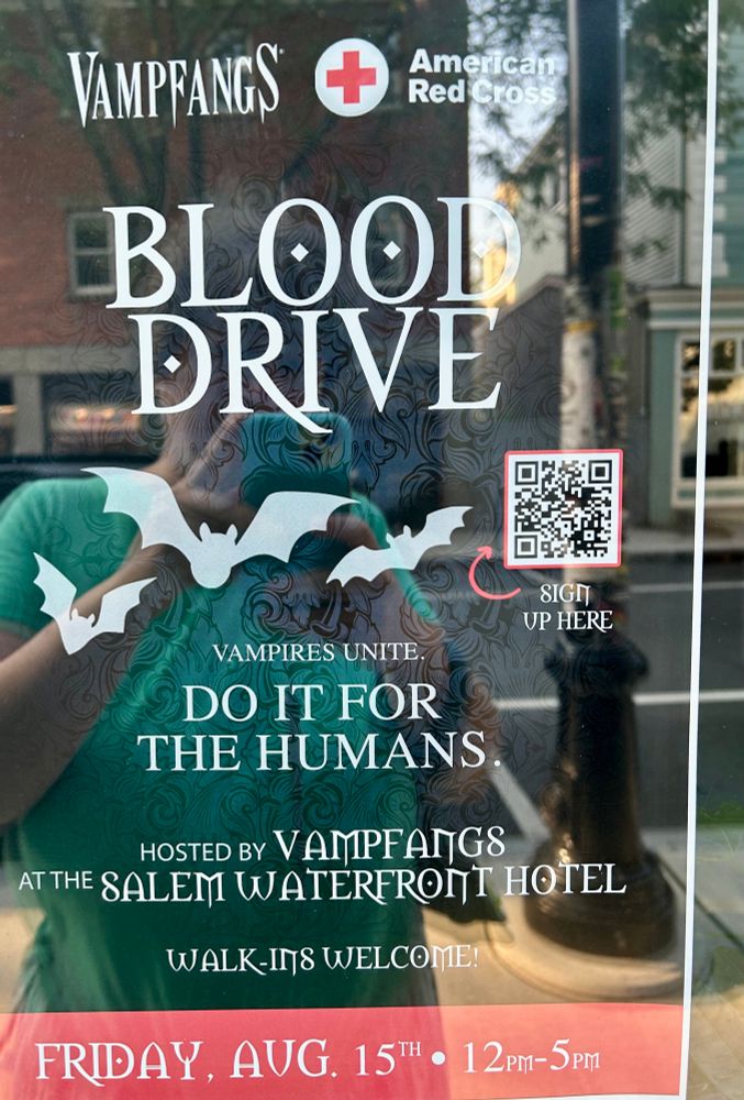 A blood donation poster hosted by the Red Cross that says “vampires unite, do it for the humans”