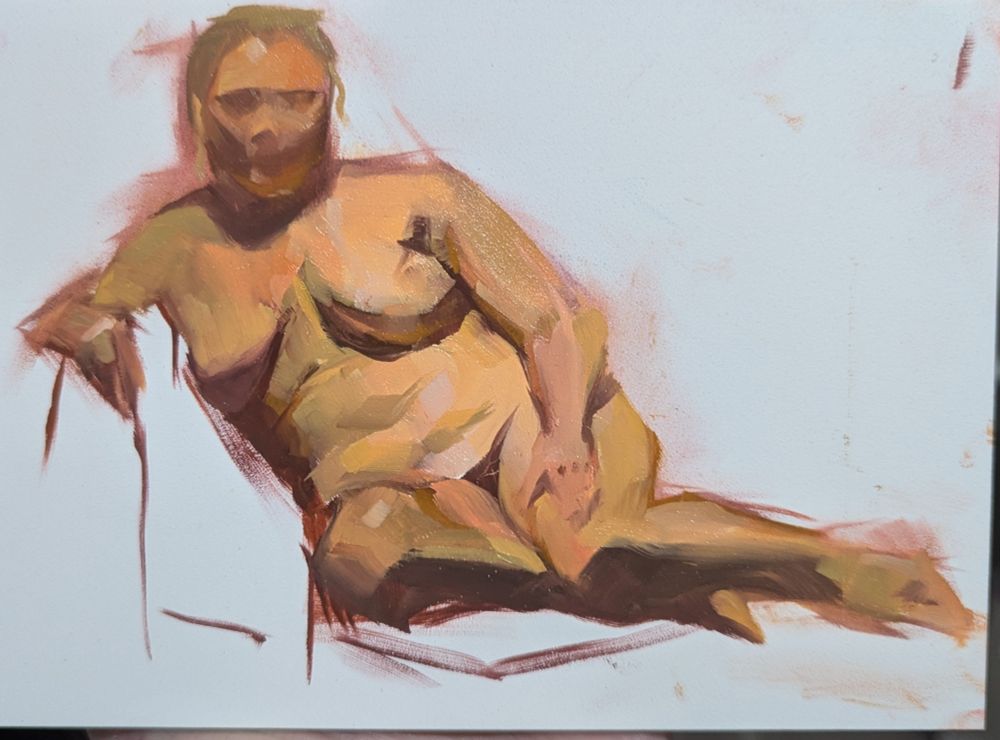 A small oil sketch of a thick set woman reclining in a white void because the artist ran out of time to finish 