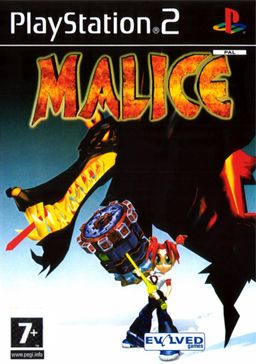 The box art cover of Malice, a PS3/Xbox game from 2004, featuring the titular character Malice, a red haird punk girl with a giant clockwork mallet, as the game's main antagonist looms over her