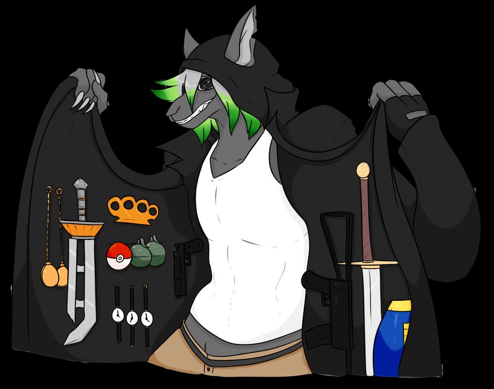 Trashpile Tom with his coat open, showing various things and weapons for sale. Just some swords, and a couple of things.

So, Whataya Buyin?