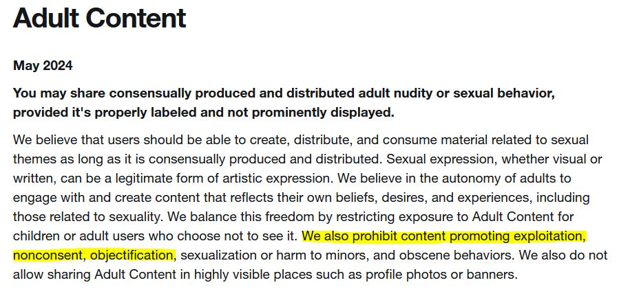 A snapshot of Twitter's Adult Content Policy, with a section highlighted as "We also prohibit content promoting exploitation, nonconsent, objectification"