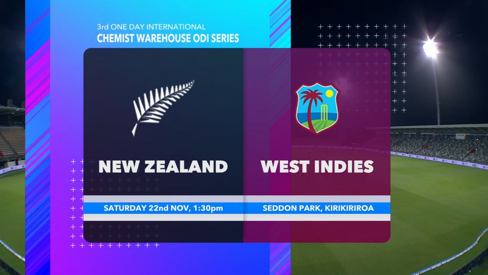 promo graphic for the third and final match of the New Zealand v West Indies men's one-day international cricket series, 1:30p local time Saturday 22nd Nov from Seddon Park in Kirikiriroa