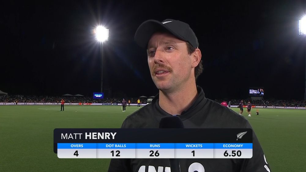 intermission interview with New Zealand bowler Matt Henry - graphic indicates he took 1 wicket for 26 runs with 12 dot balls in 4 overs