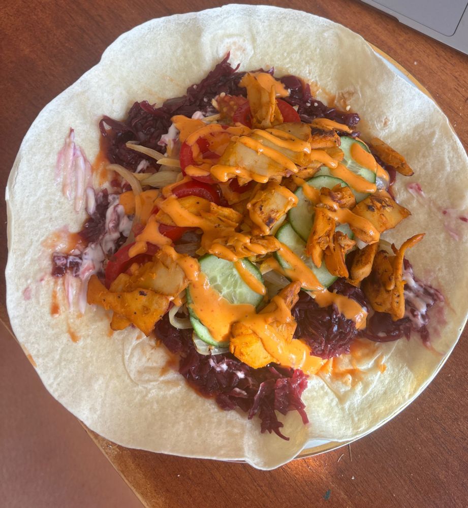 Ein offenes wrap gefüllt mit seitan Gurke Tomate Rotkohl Soße Zwiebeln und seitan Huhn 