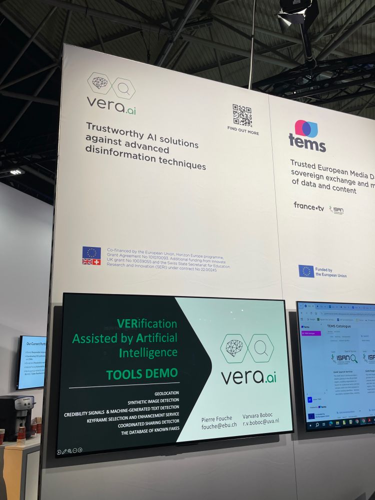 Images from vera.ai at the IBC, and stand, plus our project team members Christos Gavalas and Varvara Boboc.