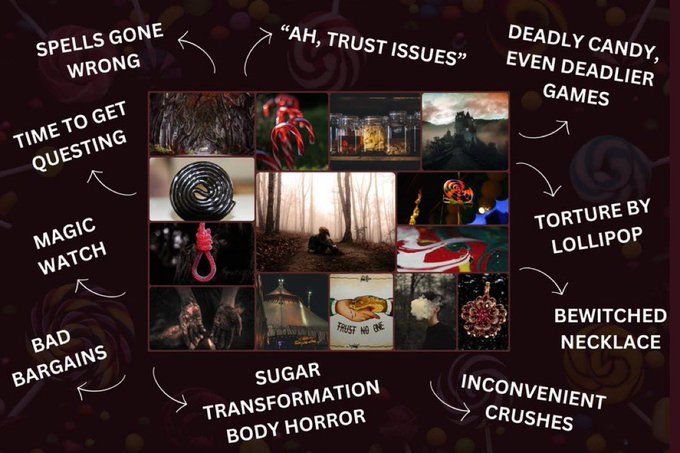 Moodboard featuring candy, a girl alone in a forest, a castle, a bog, and market tents. Text reading: spells gone wrong, "ah trust issues," deadly candy even deadlier games, time to get questing, magic watch, torture by lollipop, bad bargains, inconvenient crushes, bewitched necklace, and sugar transformation body horror.