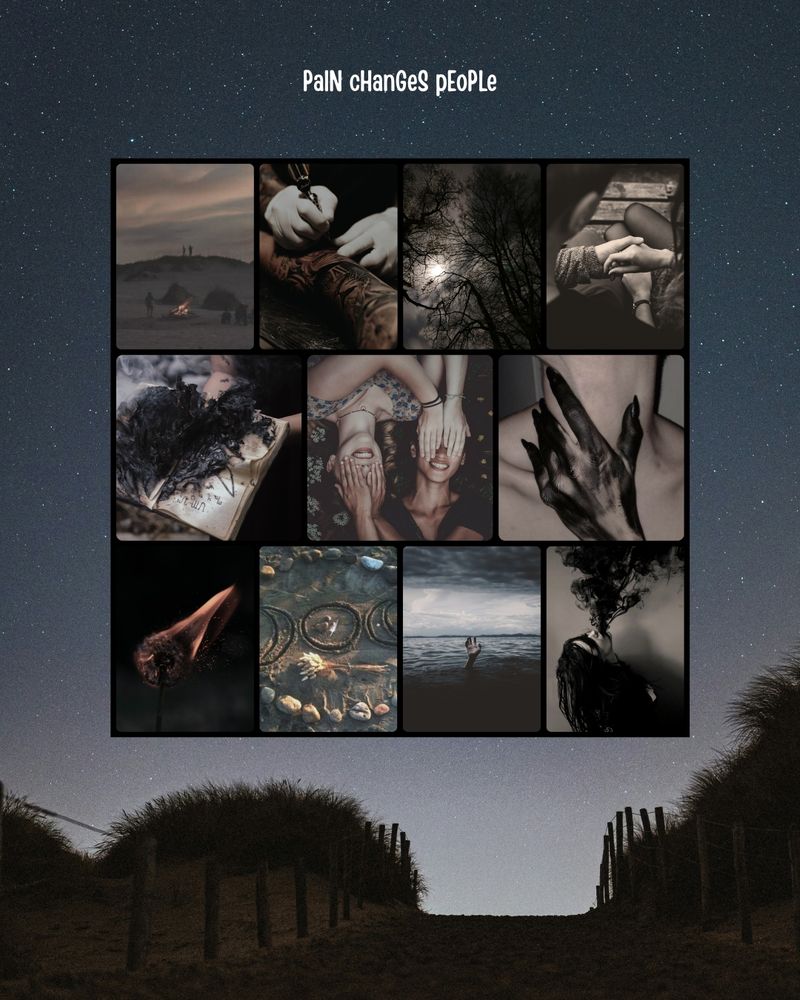 A image of the dunes at night behind a photo collage showing: the beach, tattoos, moonlight behind dark trees, a couple holding hands, a spell book, two friends covering each other's eyes, an inky hand over a pale throat, a hand sinking into the ocean
