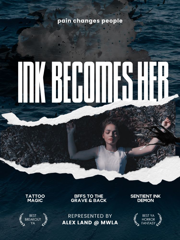 White text reading Ink Becomes Her. Background shows a girl collapsed on the ground and an inky dark hand reaching out to grab her