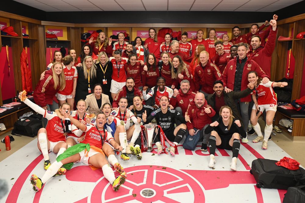 Arsenal women’s team in the dressing room after the Conti Cup win