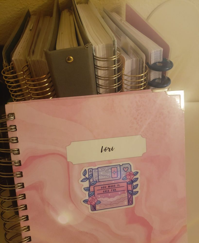 Picture of several planners in the background with a pink planner in the front with a sticker that reads "you made it this far"