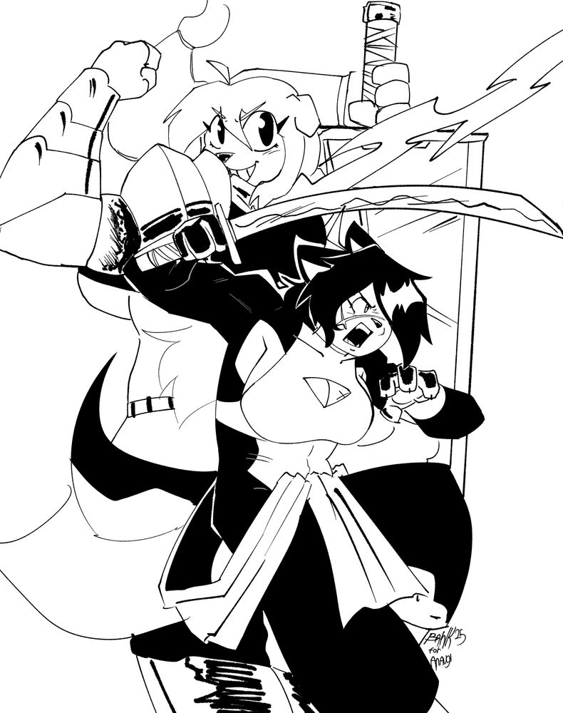 Artwork of Anaugi's characters Hachimitsu and Miel from the comix "Hachimitsu: Blade for Hire"