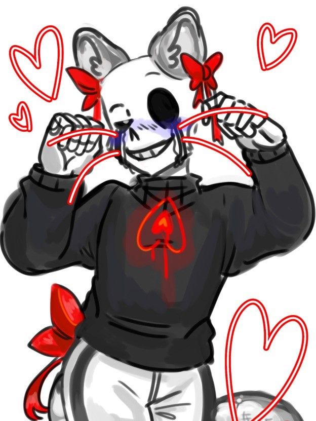Killer is doing a nya pose with gray ecto cat ears and tail wearing red bows.