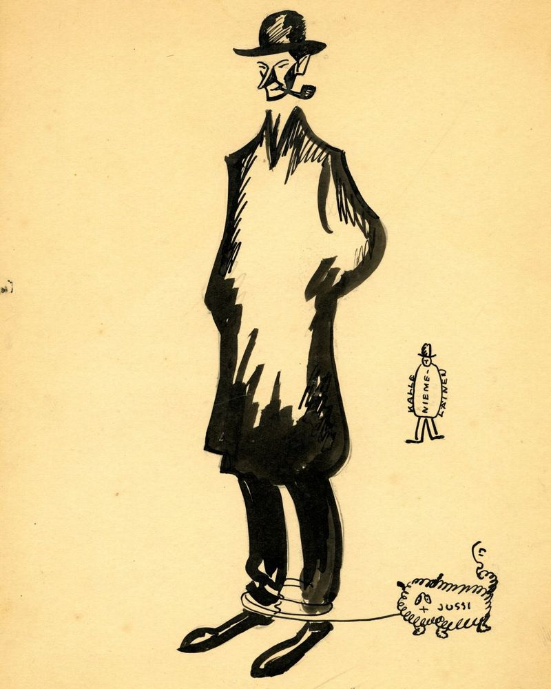 Mustavalkoinen piirros, joka esittää pitkää hattupäistä miestä, jonka nilkkojen ympärille on kiertynyt koiran talutushihna, jonka päässä on pieni koira. Kuva on vitsikäs ja karikatyyrimäinen.