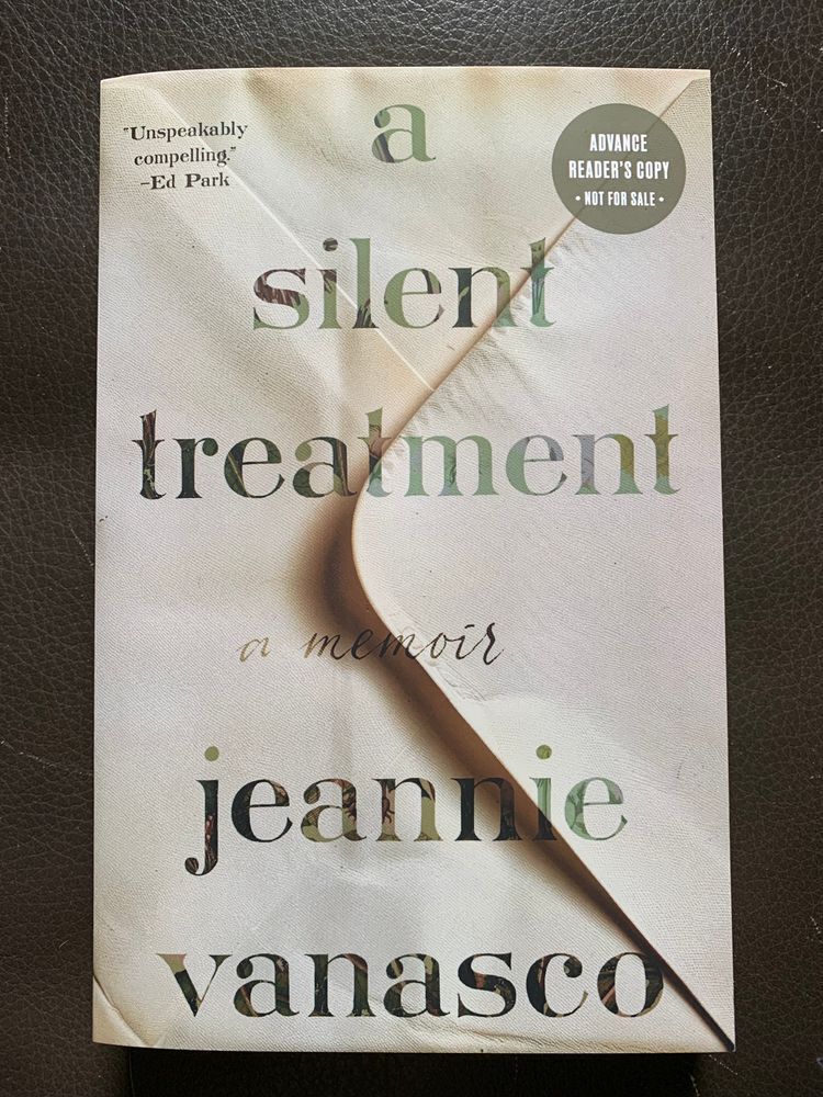 book cover for a silent treatment by jeannie vanasco with grey patterned lettering over the flap side of a white envelope