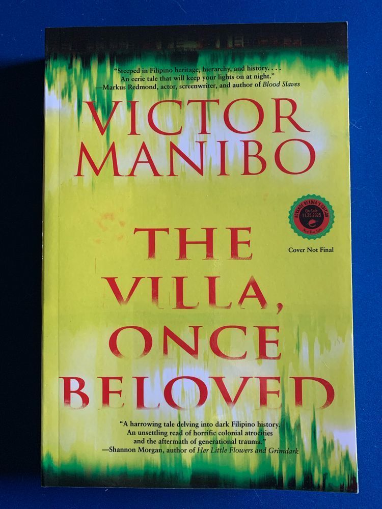 book cover for the villa, once beloved by victor manibo with red lettering over a yellow background with green bleeding into the yellow from the top and bottom