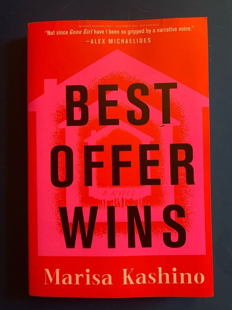 book cover for best offer wins by marisa kashino with black block lettering over a red background with hot pink stenciled nested outlines of houses 