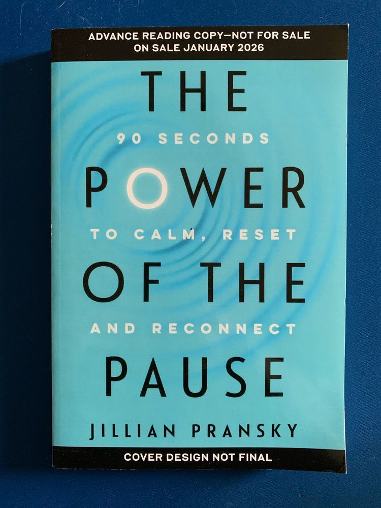 book cover for the power of the pause by jillian pransky with black and white lettering over a light blue background with the O in ‘power’ a drop rippling water’s surface
