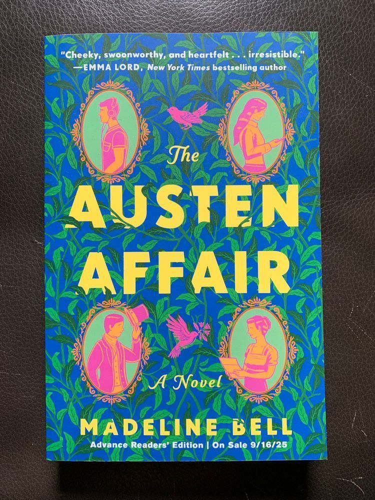 book cover for the austen affair by madeline bell with yellow lettering over a blue and green leaf patterned background with four cameo style portraits in shades of pink and orange. the top two are a man and a woman in contemporary dress, facing away from each other. the bottom two are a man and a woman in historical dress, facing toward each other. there is a pink bird between each pair of portraits