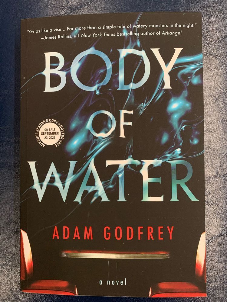 book cover for body of water by adam godfrey with white lettering that looks like it is being viewed through rippling water over a black background and a red vinyl diner booth pictured at the bottom