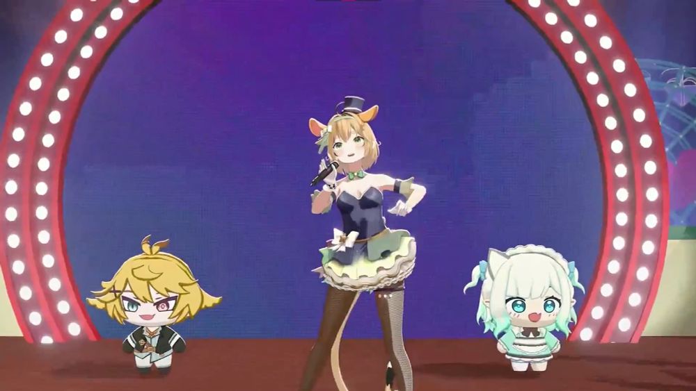 Dooby performing on stage with chibi versions of Dokibird and Mint Fantome