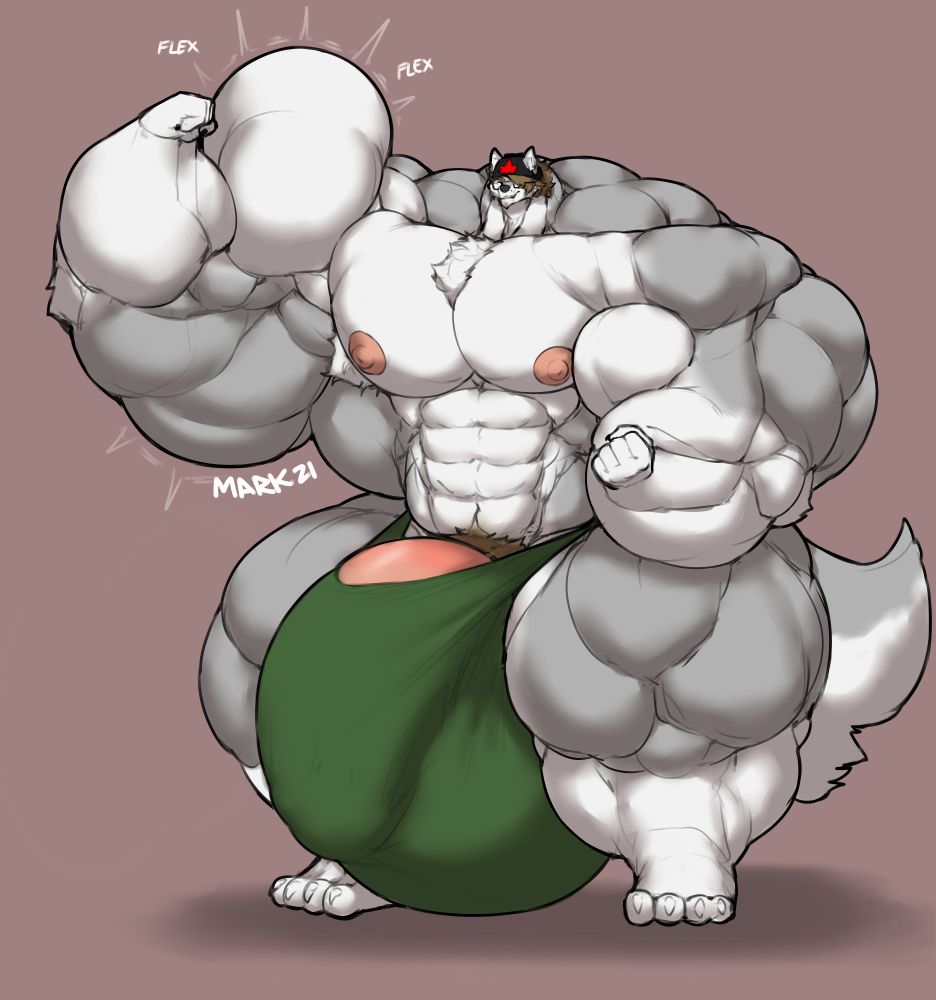 Me as a hypermuscular wolf flexing a bicep bigger than a tank while staring at the viewer