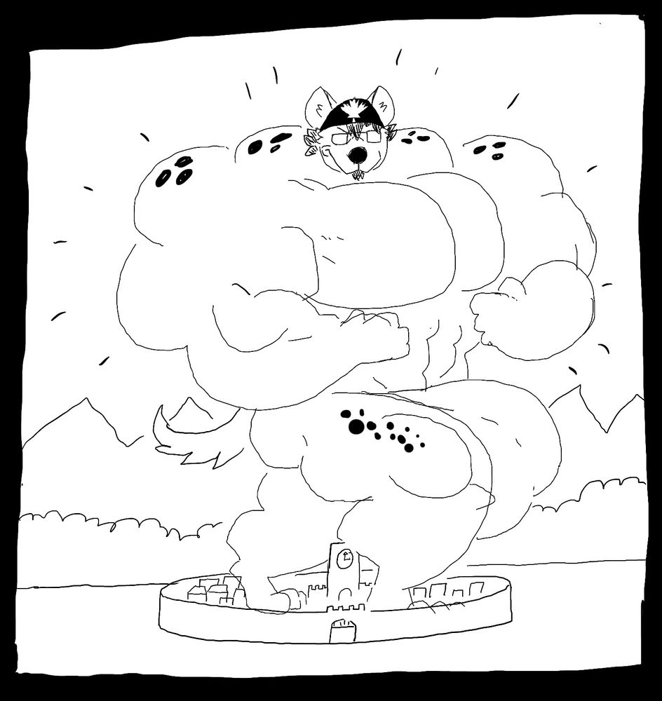 A macro, hypermuscular hyena version of me showing off my beef to the city