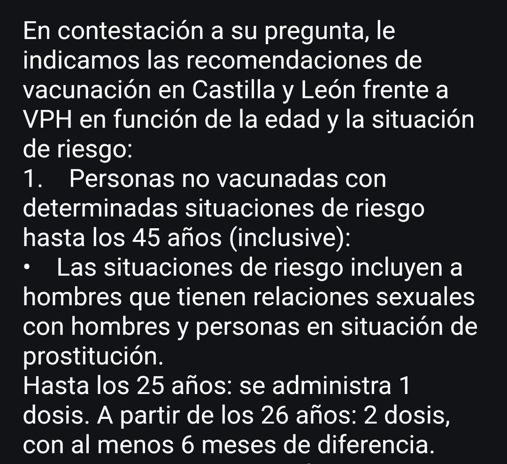 Consulta al SACYL sobre la vacuna del VPH en menores de 45 años
