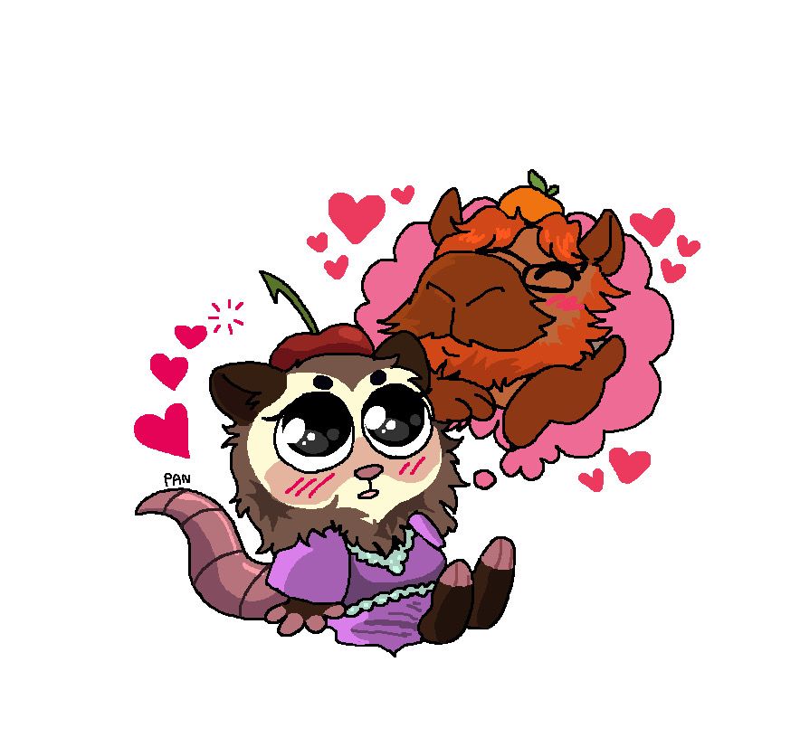 a drawing of a possum in a purple dress sitting on the ground blushing with a thought bubble above their head of a bearded capybara surrounded by hearts