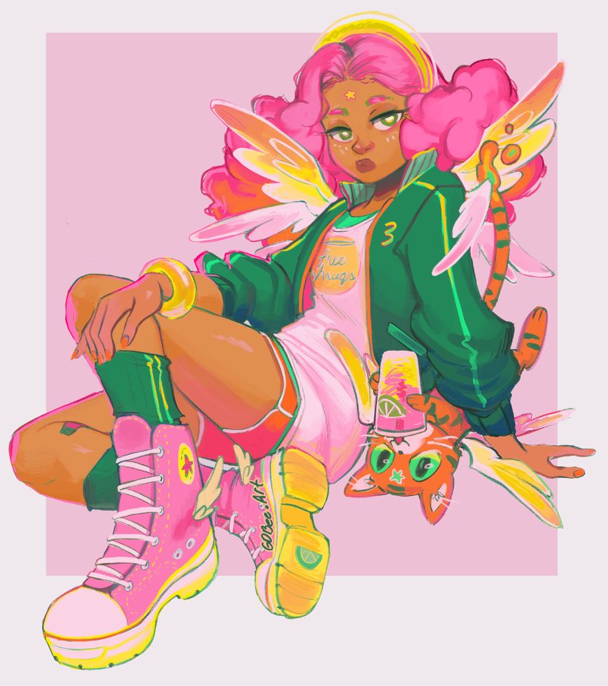 illo of an angel wearing converse boots with a red tabby cat, drinking a fruity beverage. Drawn by gdbeeart, July 2025