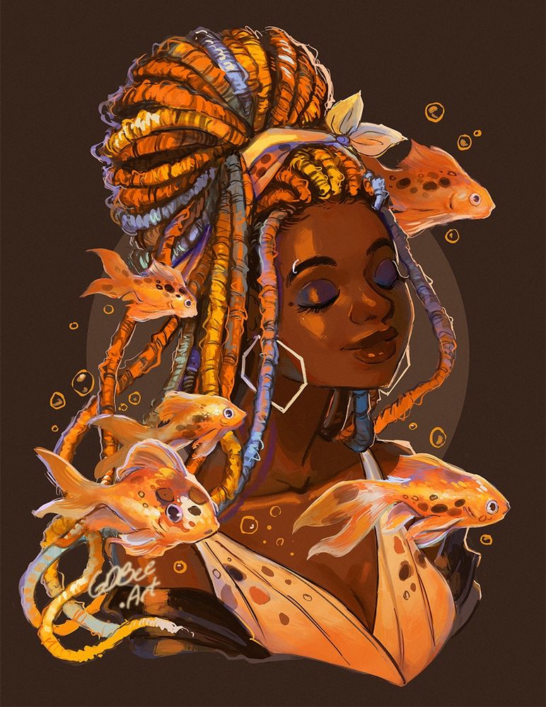 Illustration of a woman with golden dreadlocs with goldfish spread around. Her eyes are closed. She's earing a golden headwrap and black and yellow top. Drawn by gdbeeart in 2023